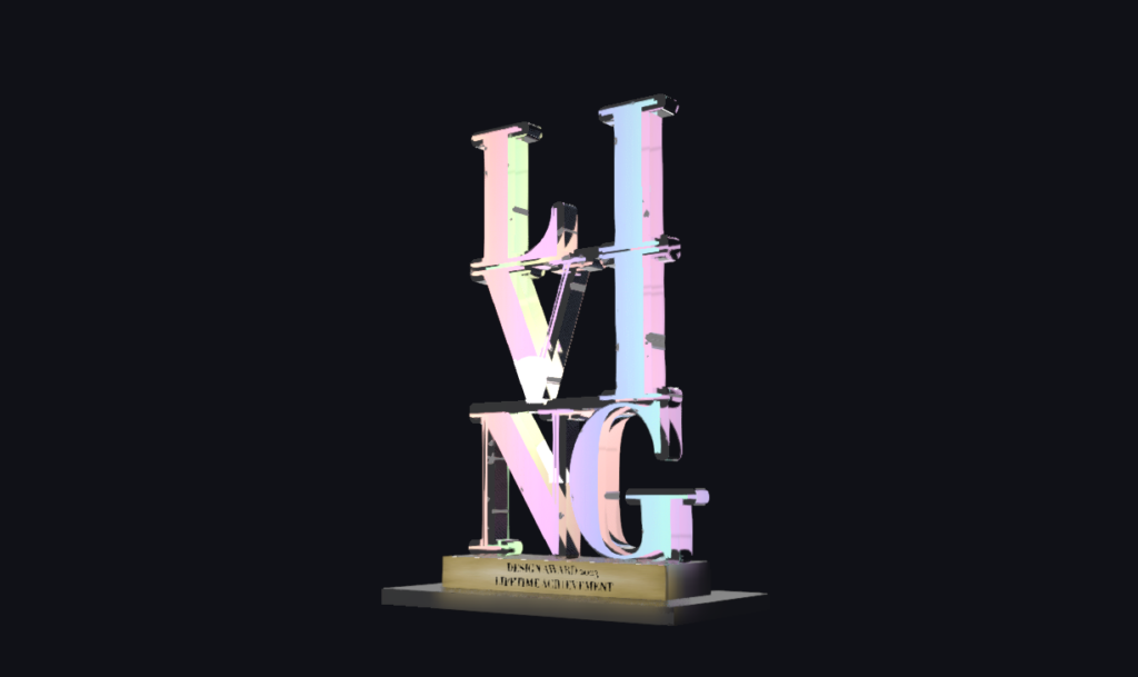 Das 3D-Modell des Living-Pokal aus Plexiglas, beleuchtet auf schwarzem Hintergrund.