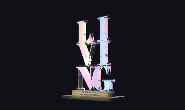 Das 3D-Modell des Living-Pokal aus Plexiglas, beleuchtet auf schwarzem Hintergrund.